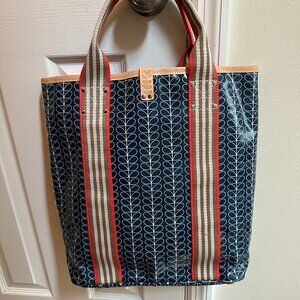 Orla Kiely tote bag, mother's tote, beach tote, blue stem and leaf pattern.